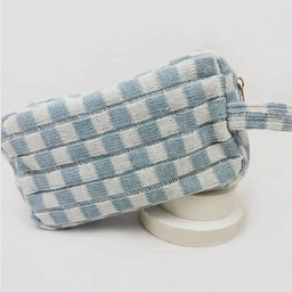 Blue and White Checkered Cosmetic Bag